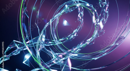 Glowing blue crystal rings swirl in purple gradient background with light effects