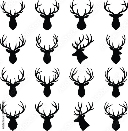 Deer head silhouettes antlers variations profile forward views wildlife animal iconography vector illustration hunting design nature artwork graphic