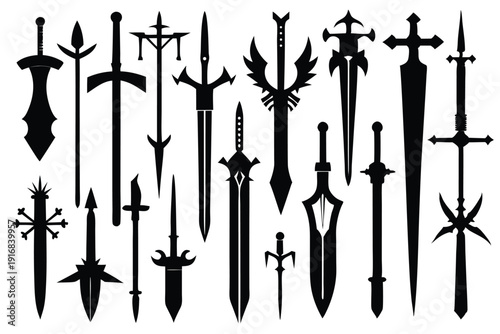 set of sword silhouette line art vector illustration with a white background