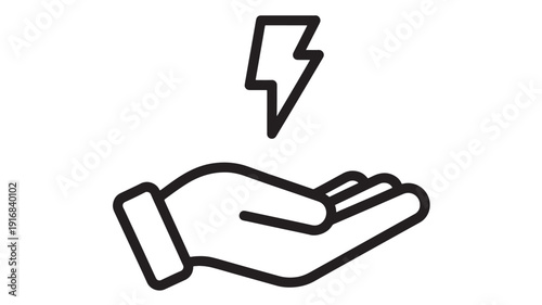 Hand with lightning bolt icon illustrating energy saving, electricity power supply, charging concept and renewable technology symbol in simple line style on white background