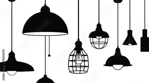 Pendant light silhouette illustration set, eight black icons dome cage geometric industrial lamp design, vector artwork, interior and lifestyle theme, isolated background