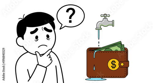 Man worrying about money leaking from wallet under faucet.