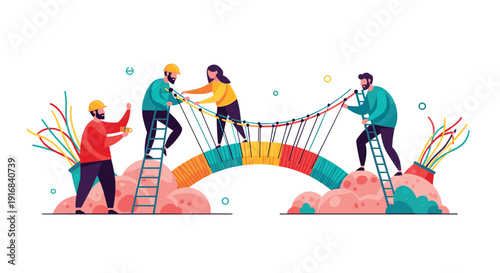 Team of diverse builders in hard hats collaborate to construct a colorful rope suspension bridge, symbolizing connection, teamwork, and overcoming challenges.