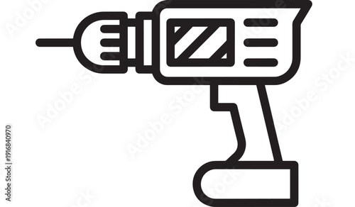Cordless power drill icon in bold black outline, simple vector style tool symbol for DIY, construction, repair, woodworking, hardware stores, and app UI design