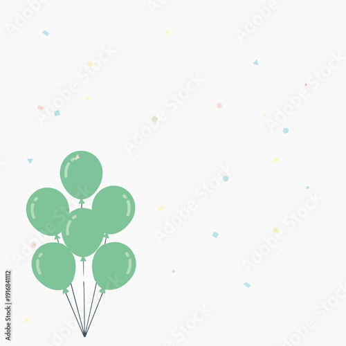 ST. PATRICK’S DAY green balloons with strings and scattered colorful confetti isolated on a white background. Festive celebration concept for birthday, party, or greeting card design.