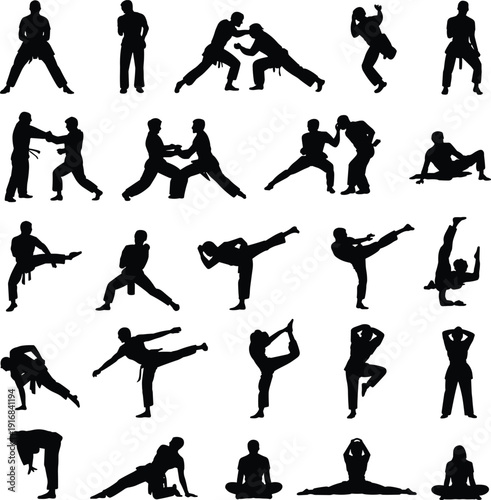 Martial arts yoga silhouettes poses stances kicks meditation stretching balance flexibility physical discipline vector illustration design artwork exercise