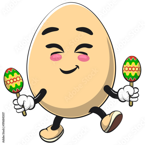 cute egg mascot character plays music with maracas, isolated vector illustration, work of hand drawn