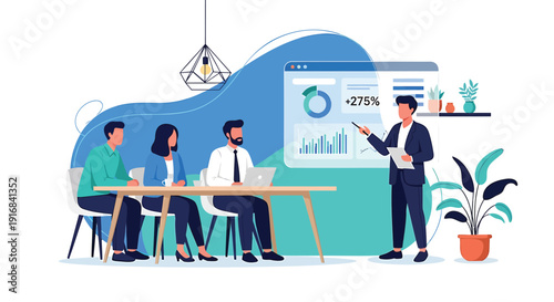 Business team meeting with presentation on screen, office discussion vector illustration.