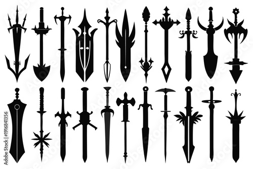 set of sword silhouette line art vector illustration with a white background