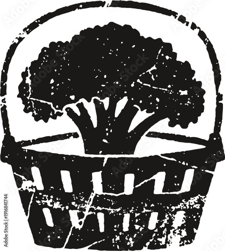 Basket with broccoli illustration vintage hand drawn vegetable sketch with textured distressed effect