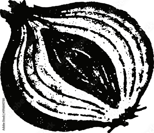 Black and white illustration of a sliced onion half with detailed layers and texture