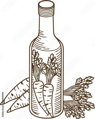 Hand drawn carrot bottle illustration with fresh whole carrots and leafy tops