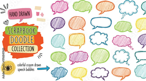 Funky Y2K speech bubble scrapbook collection, torn paper dialog shapes, colorful comic message balloons, hand drawn vector sketch chat frames, retro collage stickers for social media and design