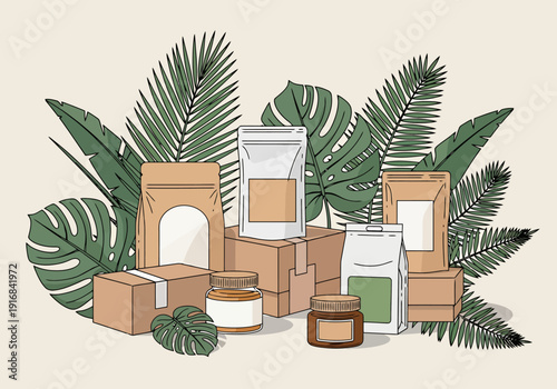 Assorted natural products packaging arrangement with lush green tropical leaves and earthy tones for organic goods commerce branding and retail