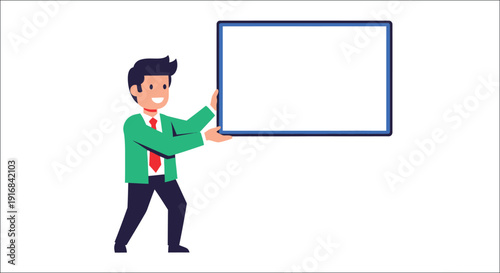 A businessman presenting a blank white board with space for text