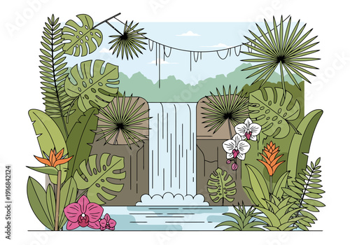 Lush Tropical Jungle Paradise With Waterfall Ferns Palms Orchids Birds Of Paradise And Exotic Plants In A Serene Natural Landscape