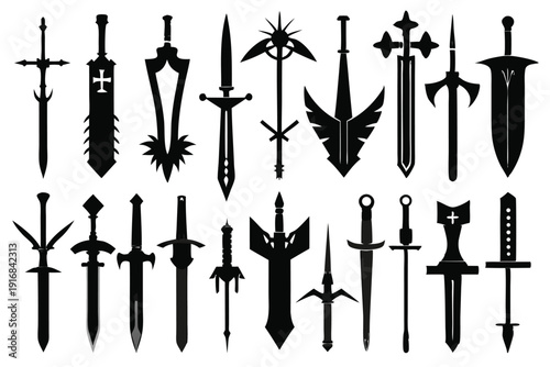 set of sword silhouette line art vector illustration with a white background