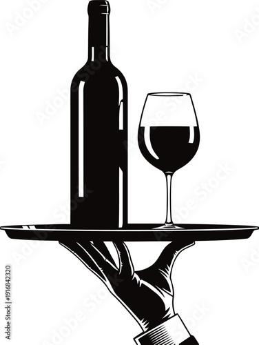 Elegant wine serving tray with glass and bottle vector illustration