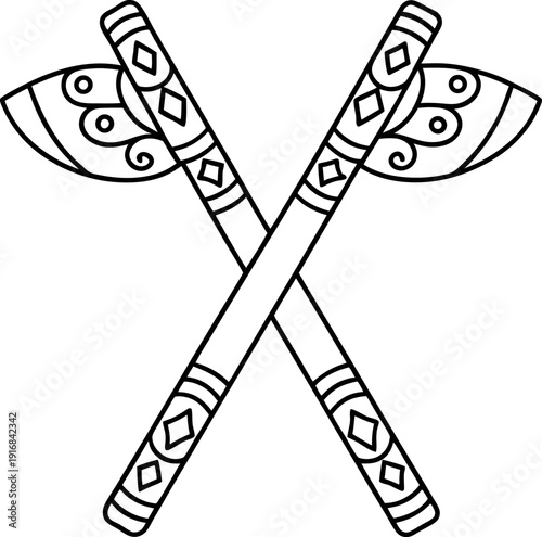 Two crossed traditional hand drums with decorative patterns outline illustration