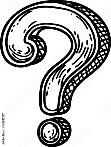Hand drawn question mark illustration with shading and sketch style, black and white design