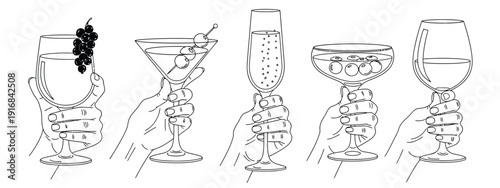 Minimalist line art hands holding wine and cocktail glasses, black and white continuous outline drawing, champagne flute, martini, coupe, social drinking, celebration toast illustration