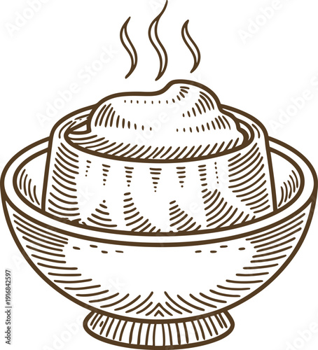 steaming hot dessert in a bowl hand drawn sweet pudding or custard with steam rising vintage food illustration