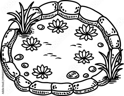 Round garden pond with water lilies and stones surrounded by grass and rocks outline drawing