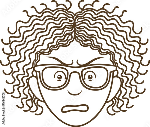 Angry person face with curly hair and glasses expressing frustration and irritation in line art