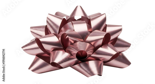Shiny Metallic Rose Gold Gift Bow Isolated on Black Background for Festive Celebrations, Presents, Holidays, and Special Occasion Decorations.