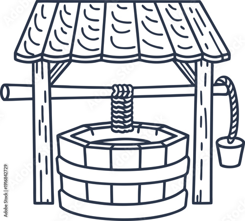 Traditional water well with wooden roof and bucket hand drawn rustic garden well for drawing water