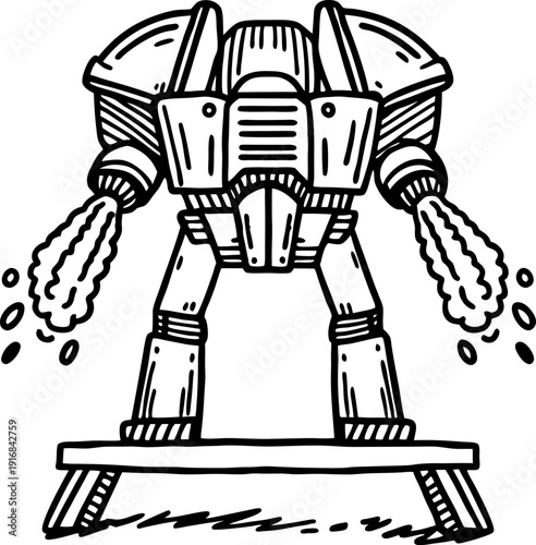 Robot with jet propulsion launching upward from platform, futuristic flying machine sci fi concept