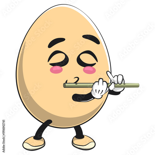 cute egg mascot character playing the flute, isolated vector illustration, work of hand drawn
