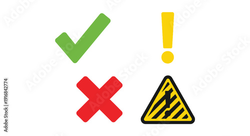 Four colorful symbols checkmark exclamation x and warning sign