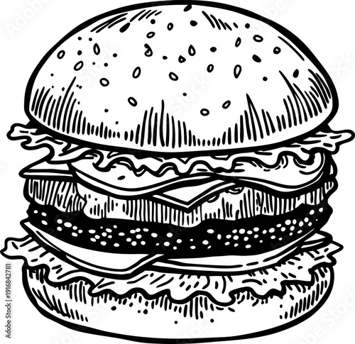 Classic hamburger sketch with sesame bun, lettuce, cheese, tomato, and beef patty illustration
