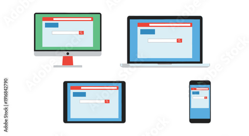 Responsive web design illustration showcasing devices with similar webpage layouts