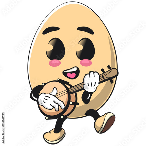 cute egg mascot character playing music with banjo, isolated vector illustration, work of hand drawn