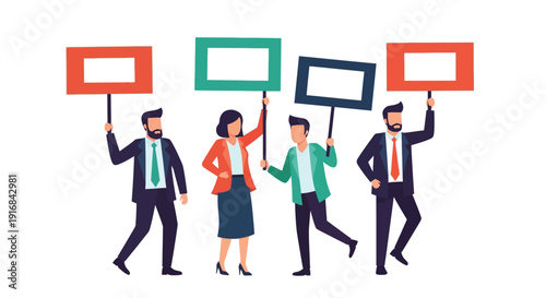 A group of people marching with protest signs in a flat vector style