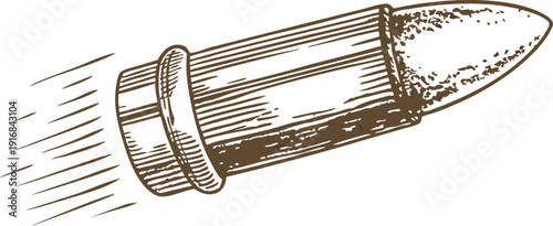 Retro bullet sketch illustration vintage hand drawn cartridge, ammunition, flying projectile, detailed ink drawing