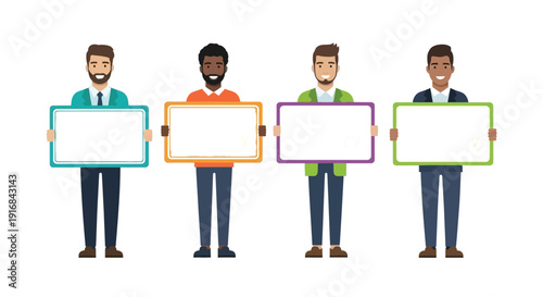 Four diverse men holding signs advertising job vacancies