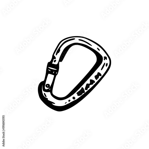 Climbing carabiner. Sport Boulder equipments. Line art vector hand drawing illustration. Metal Element for indoor or outdoor rock climbing. Safety or carabiner hook. Illustration on white background