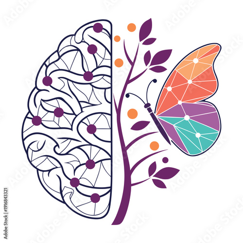 Neurodiversity Awareness Concept Vector - Creative Human Brain and Butterfly with Geometric Polygonal Wings, ADHD and Autism Symbol Illustration
