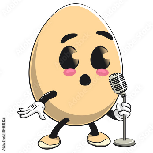 cute egg mascot character on front of the mic, isolated vector illustration, work of hand drawn