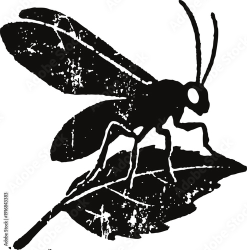Black vintage wasp silhouette perched on a textured leaf, insect graphic illustration