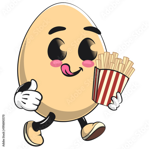 cute egg mascot character brought a box of french fries, isolated vector illustration, work of hand drawn