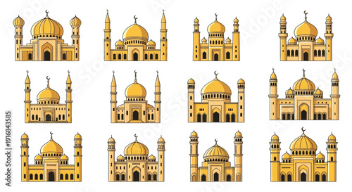 Collection of ornate golden mosque illustrations on a white background