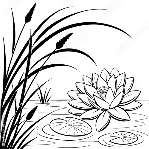 Stylized black and white illustration of a water lily and cattails in a pond, showcasing the delicate balance of aquatic flora in a minimalist design.