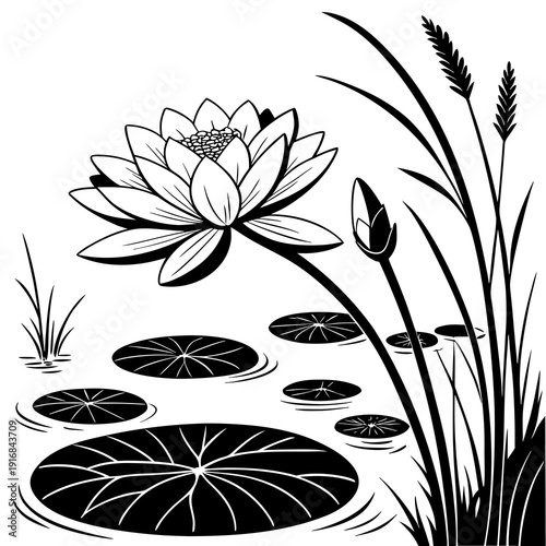 Artistic black and white illustration of a large water lily with surrounding lily pads and reeds, capturing the serene beauty of a calm pond.