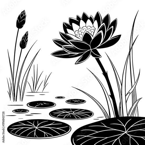 Bold black and white illustration of a vibrant water lily surrounded by lush reeds and lily pads in a tranquil pond, emphasizing natural elegance.