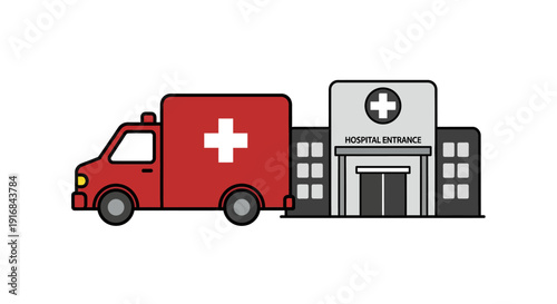 Urgent medical care concept with a red ambulance and hospital building illustration, symbolizing emergency services, patient transport, and critical healthcare support