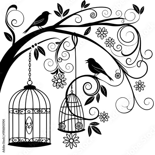 Decorative black and white illustration featuring birds perched on a flourishing tree branch with intricate birdcages and floral accents.